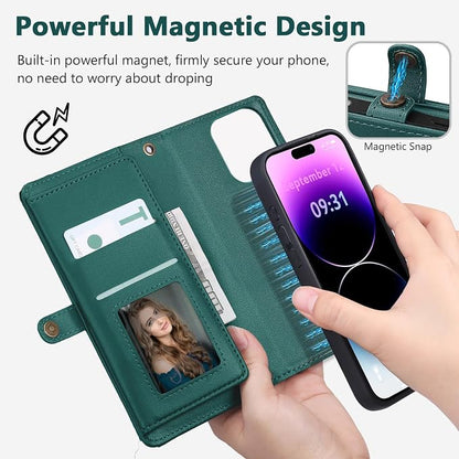 Wallet Case for iPhone 14 Pro Max with Card Holder/Crossbody Wallet/Strap| RFID Blocking | Magnetic | Kickstand | Detachable | PU Leather Phone Case for iPhone 14 Pro Max,6.7 in,Green