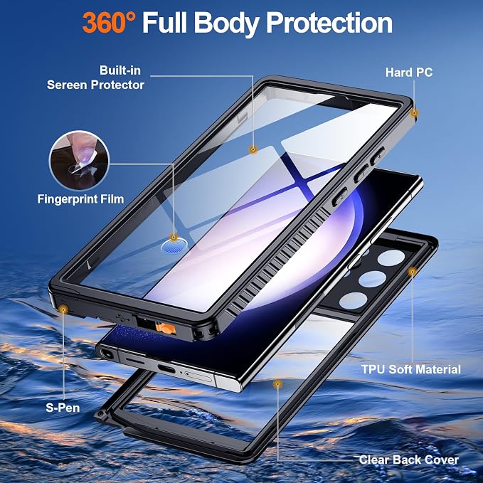 Hualele for Samsung Galaxy S23 Ultra Case Waterproof, Built in Lens & Screen Protector Rugged Full Body Protective Military Grade Drop Protection IP68 Underwater Cover Case for Galaxy S23 Ultra Black