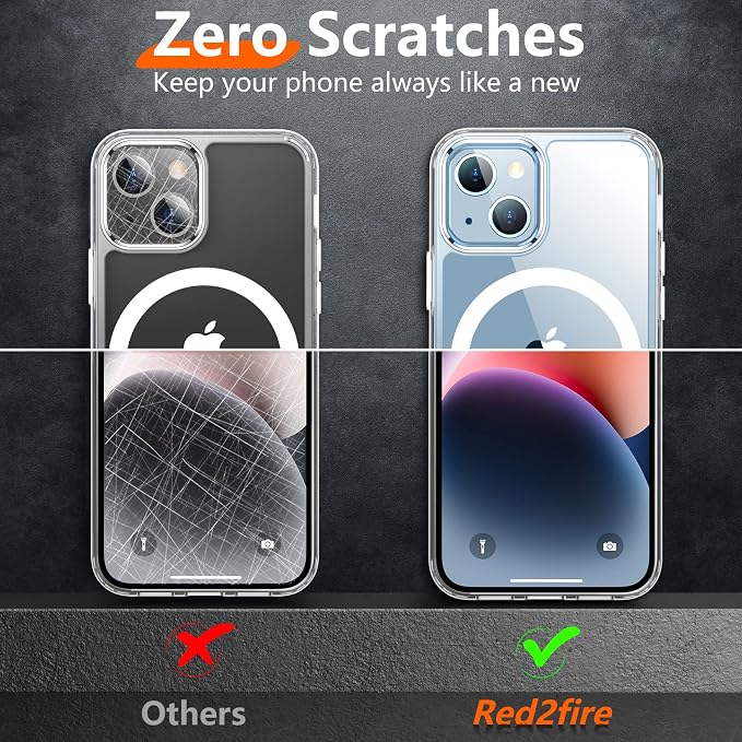 Red2Fire Magnetic for iPhone 14 Plus Case [Compatible with Magsafe][Military Grade Drop Protection][Glass Screen Protector+Camera Lens Protector] Heavy Duty Shockproof Phone Case 6.7" - Clear