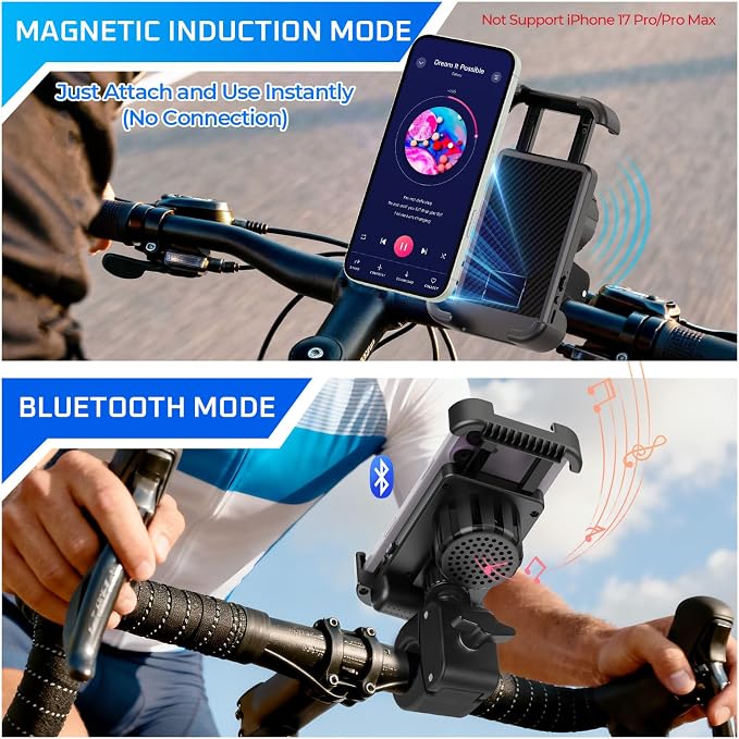 Bike Speaker with Phone Holder, Bluetooth Motorcycle Speakers with Phone Mount, Handlebar Cell Phone Clamp for iPhone 16 15 14 13 12 Pro Max Plus,4.7 to 6.8" Phones, for Scooter, Motorcycle