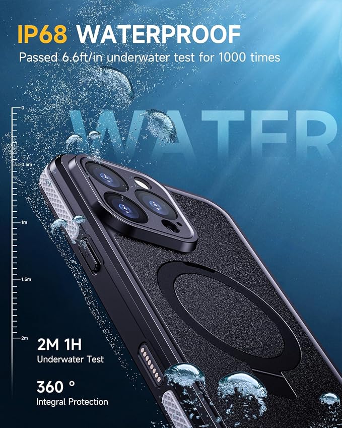 Lanhiem Magnetic for iPhone 16 Pro Max Waterproof Case, Dustproof Case Built-in Screen Protector, [Fit for MagSafe] [Invisible Stand] Shockproof Heavy Duty Underwater Case for 16 Pro Max (Black)