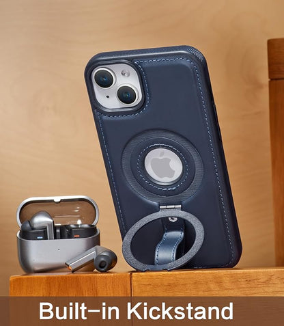 for iPhone 14 /iPhone 13 Leather Case with Stand, Anti-Slip Grip Ring, Fits for MagSafe (Blue, iPhone 14/13)
