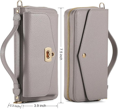 Crossbody Wallet Case for iPhone 16 Pro 6.3", Magnetic Detachable Floral PU Leather Phone Case with RFID Blocking Card Holder Wristlet Mirror Flip Zipper Shoulder Purse Bag for Women - Gray