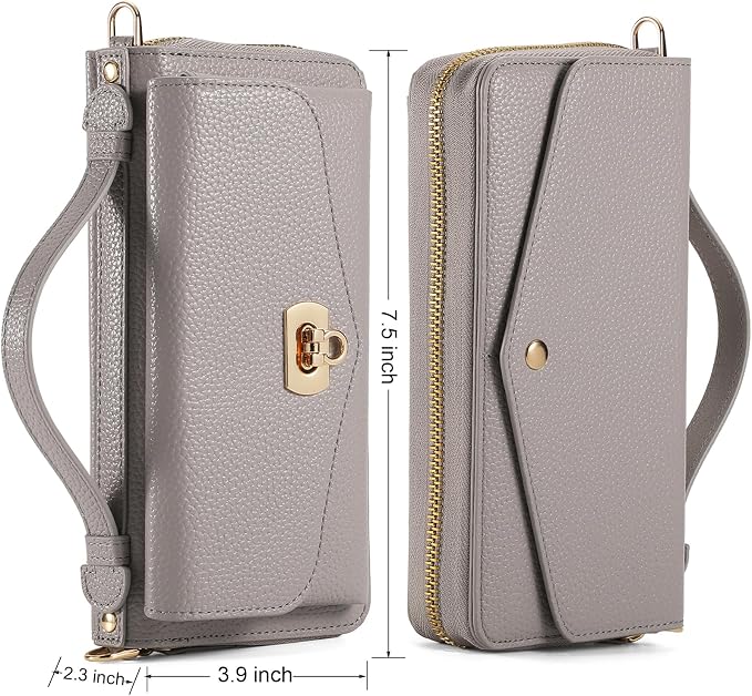 Crossbody Wallet Case for iPhone 16 Pro Max, Magnetic Detachable Floral PU Leather Phone Case with RFID Blocking Card Holder Wristlet Mirror Flip Zipper Shoulder Purse for Wome - Gray