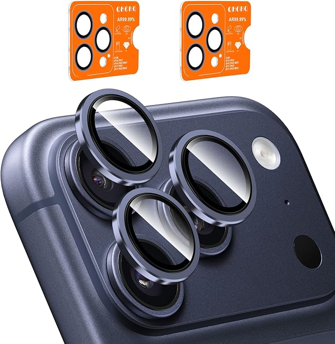 QHOHQ 2 Set Camera Lens Protector for iPhone 17 Pro Max/17 Pro/16 Pro Max/16 Pro/15 Pro Max/15 Pro, Individual Anti Shatter Lens Protector,[15FT Military Grade Protection],1-Second Auto-Install- Blue