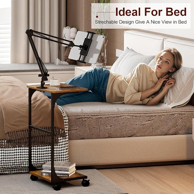 Floor Kindle Tablet iPad Stand with 2-Tier Storage Shelves,Angle Height Adjustable iPad Tablet Kindle Holder for Bed with 360-Degree Rotating Wheels, Compatible with 4.7"-13" Kindle Cell Phone iPhone