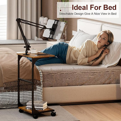 Floor Kindle Tablet iPad Stand with 2-Tier Storage Shelves,Angle Height Adjustable iPad Tablet Kindle Holder for Bed with 360-Degree Rotating Wheels, Compatible with 4.7"-13" Kindle Cell Phone iPhone