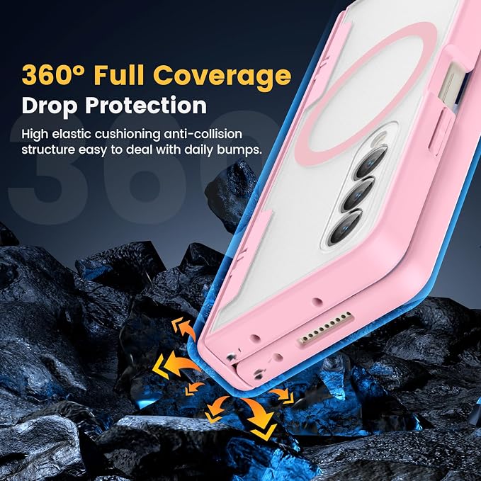 Caka Magnetic for Samsung Galaxy Z Fold 4 Case with Hinge Protection Pink | Compatible with MagSafe, Built-in Outer Screen Protector, Hinge Guard, Translucent Matte Back, 360° Hybrid Drop Defense