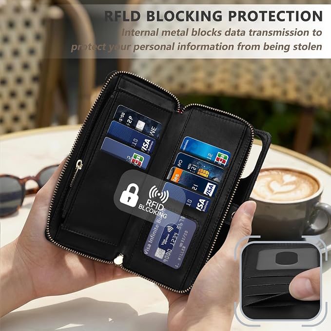 Rssviss Crossbody Wallet Case for iPhone 17 Pro Max with Wrist Strap, Detachable Zipper Purse, Magnetic Flip RFID Blocking Card Holder, Wireless Charging Removable Cover for Men Women 6.9", Black