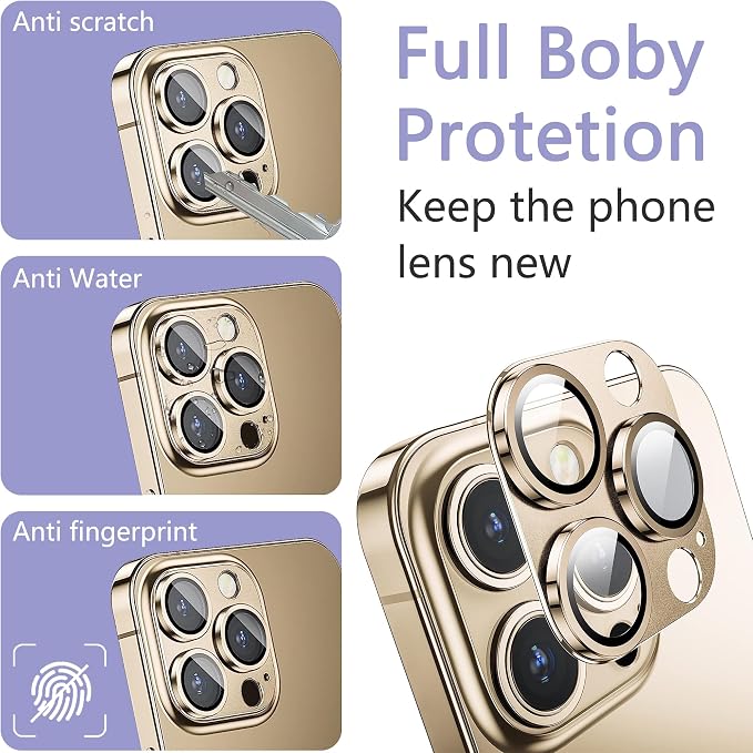 2 Pack Camera Lens Protector for iPhone 14 Pro/14 Pro Max,[Not Easy to Breakn ] AR Tempered Glass Strong Adsorption Metal Camera Cover Screen-Gold