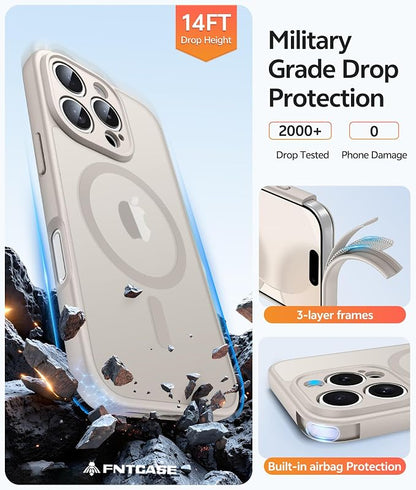 FNTCASE for iPhone 16 Pro Max Case, Fit for Magsafe, Glass Screen Protector | Full Camera Protection, Translucent Matte, 14FT Military Grade Drop Proof, Shockproof Protective Phone Cover, Off White