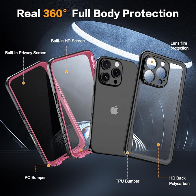 for iPhone 16 Pro Case Waterproof, Built-in Privacy Screen & HD Screen Double Front Frame [IP68 Underwater] Shockproof Dustproof Full Body Protection iPhone 16 Pro Phone Case Pink