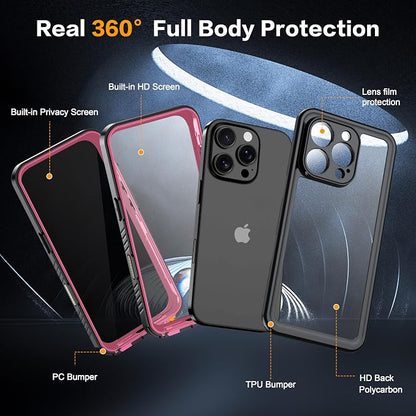 for iPhone 16 Pro Case Waterproof, Built-in Privacy Screen & HD Screen Double Front Frame [IP68 Underwater] Shockproof Dustproof Full Body Protection iPhone 16 Pro Phone Case Pink