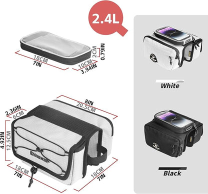 Rhinowalk Bike Front Frame Bag Bicycle Top Tube Frame Storage Waterproof Bicycle Handlebar Bag Fit Smartphone Professional Cycling Accessories-White