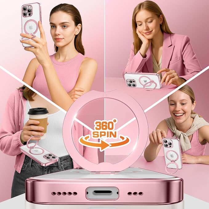 GolbinBox for iPhone 16 Pro Case with 360° Spin Magnetic Stand,[Compatible with Magsafe] [Military Protection][Built-in Ring Holder] Camera Control Phone Case for 16 Pro,Pink/Clear