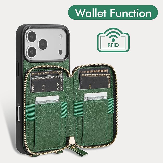 ZVE for iPhone 17 Pro Max Wallet Case Crossbody, Zipper Purse with Card Holder Wrist Strap for Women 6.9" Dark Green