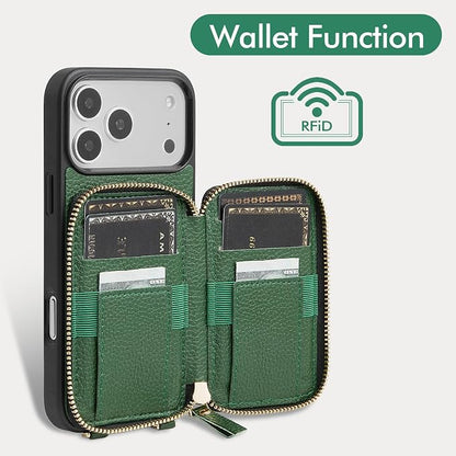 ZVE for iPhone 17 Pro Max Wallet Case Crossbody, Zipper Purse with Card Holder Wrist Strap for Women 6.9" Dark Green