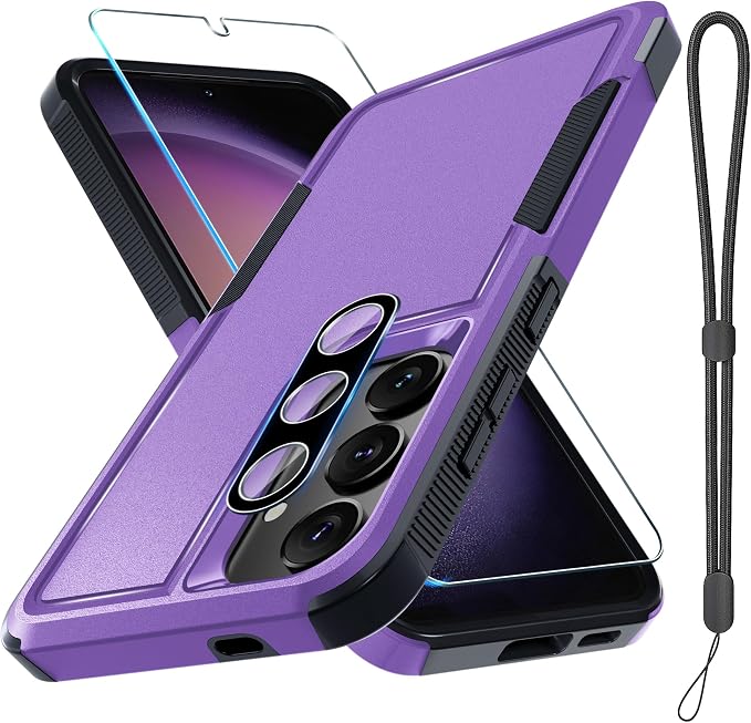 RMOCR Case for Samsung Galaxy S25 Plus, Full Body Heavy Duty Rugged Shockproof Protective Phone Cover with Lanyard Strap, Tempered Glass Screen Protector and Camera Lens Cover, Lavender