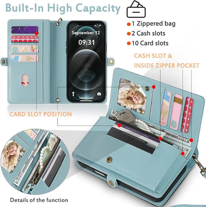for Wallet Case Compatible with iPhone 12 Pro Max,Multi-Function Detachable 2 in 1 Magnetic iPhone 12 Pro Max Case Wallet,Flip Strap Zipper Card Holder Phone Case with Shoulder Straps (Blue)