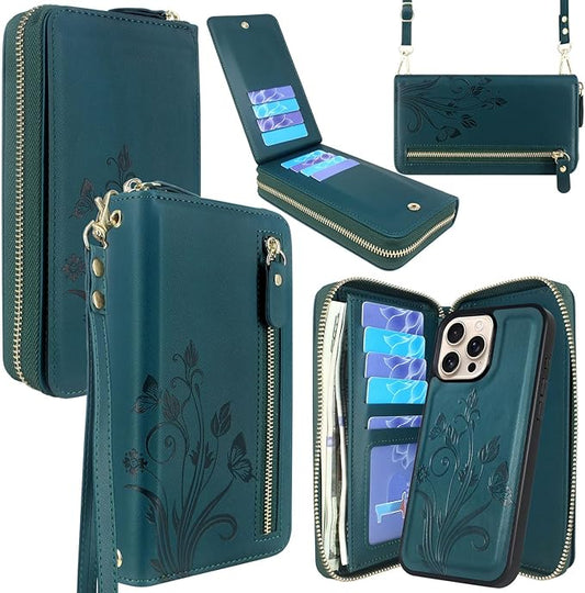 Lacass for iPhone 16 Pro Max 6.9 inch 2024 Wallet Case, Crossbody Dual Zipper Detachable Magnetic Leather Wallet Case Cover Wristlets Wrist Strap 13 Card Slots Money Pocket(Floral Cyan Green)