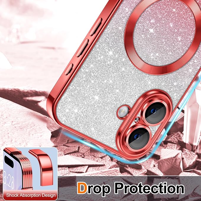 Hython for iPhone 17 Case Glitter Clear Magnetic Phone Cases [Compatible with MagSafe] Full Camera Lens Protector Sparkle Luxury Plating Slim Shockproof Protective Cover Women, Gradient Red
