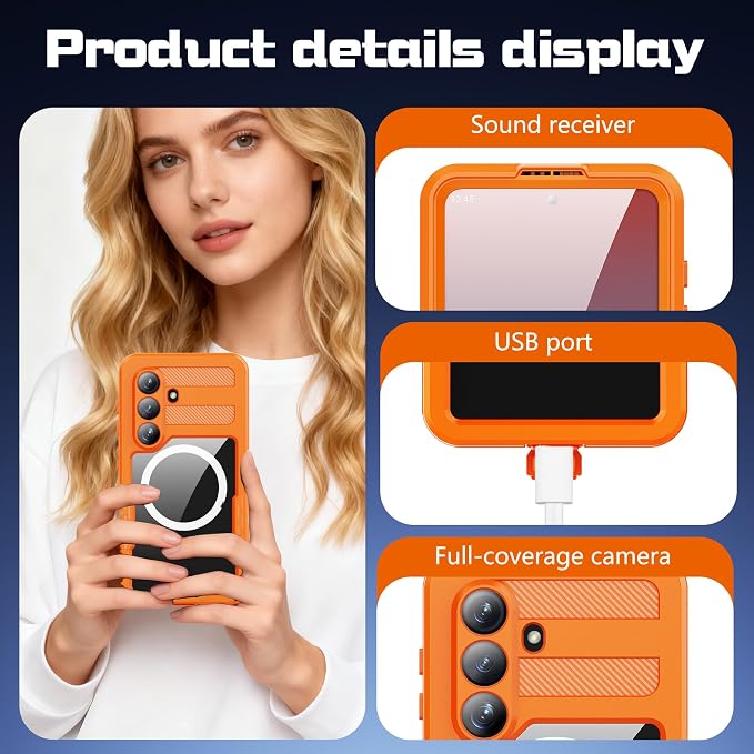 Losin Compatible with Galaxy S26 Plus Case Waterproof Magnetic [Compatible with MagSafe] [Drop Protection] [IP68 Underwater] Full Body Shockproof Protective Phone Case, Orange
