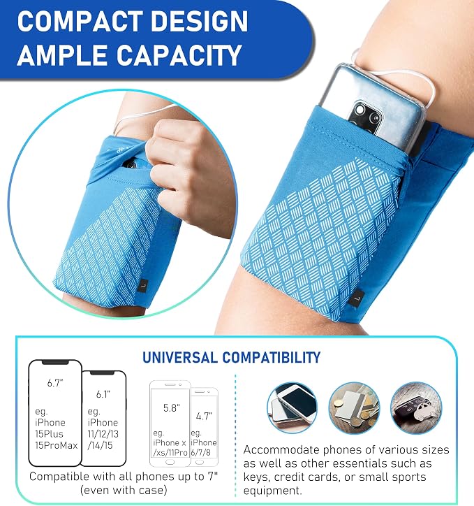 HiRui Universal Sports Armband Cell Phone Armband Sleeves Running Armband for Exercise Workout, Compatible with iPhone 17/17Plus/Pro/16/15/15Plus/14 Samsung Galaxy All Phones (X-Large, Blue)