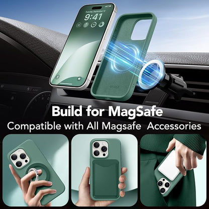 GONEZ Magnetic for iPhone 15 Pro Case, Compatible with MagSafe, [Screen Protector + Camera Lens Protector], Silicone Shockproof Anti-Scratch Protective Phone Case 6.1 inch, Midnight Green
