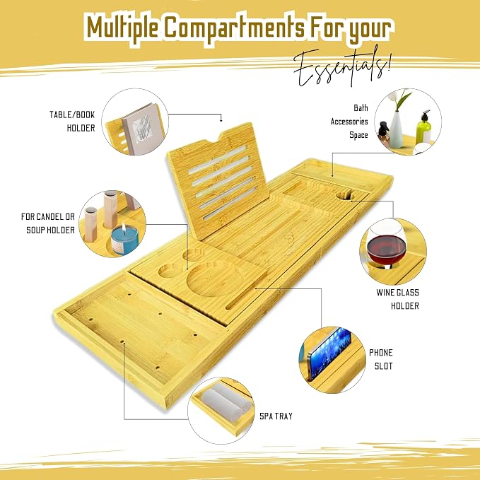 Premium Bathtub Tray with Accessories - Expandable Wooden Bath Tray, Hair Cap, Bath Sponge, Face Mask Brush
