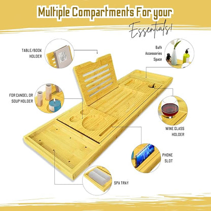 Premium Bathtub Tray with Accessories - Expandable Wooden Bath Tray, Hair Cap, Bath Sponge, Face Mask Brush