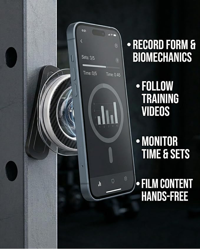 BLAUBECK Magnetic Gym Phone Holder for MagSafe & Android | Carbon Fiber Face + Transparent Acrylic Disc | Ball Joint 360° Mount for Squat Racks, Golf Carts & Metal Equipment | Metal Ring Included