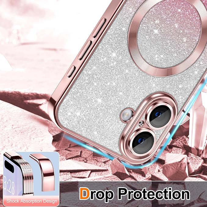 Hython for iPhone 17 Case Glitter Clear Magnetic Phone Cases [Compatible with MagSafe] Full Camera Lens Protector Sparkle Luxury Plating Slim Shockproof Protective Cover Women, Gradient Pink