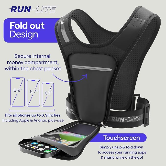Running Vest with Phone Holder & Waterproof Pouch – Adjustable Belt Fits 28"–44" Chest – Reflective Gear with 2 Shoulder Pockets for Keys, Gels, Phones up to 6.8” (Unisex Adult)