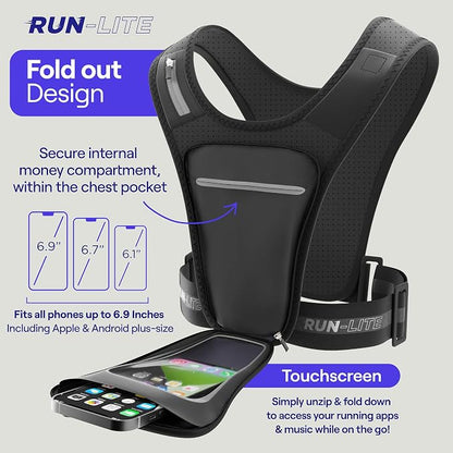 Running Vest with Phone Holder & Waterproof Pouch – Adjustable Belt Fits 28"–44" Chest – Reflective Gear with 2 Shoulder Pockets for Keys, Gels, Phones up to 6.8” (Unisex Adult)