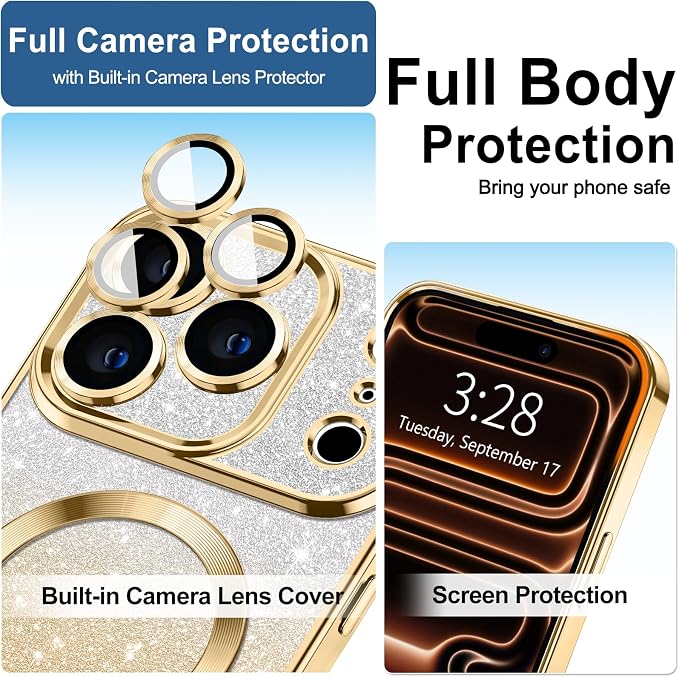 Hython for iPhone 17 Pro Max Case Glitter Clear Magnetic Phone Cases [Compatible with MagSafe] Full Camera Lens Protector Sparkle Luxury Plating Slim Shockproof Protective Cover Women, Gradient Gold
