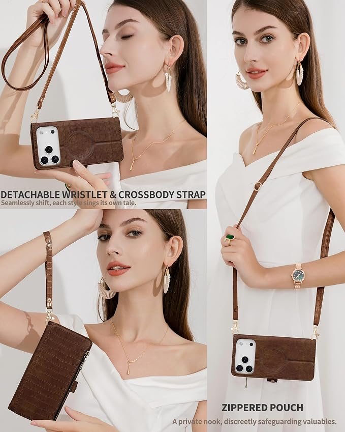Crossbody Wallet Case for iPhone 17 Pro Max with Mirror, Wrist Strap, Zipper Purse Magnetic Flip, RFID Blocking Card Holder, Wireless Charging, PU Leather Shockproof 6.9" Women (Brown)