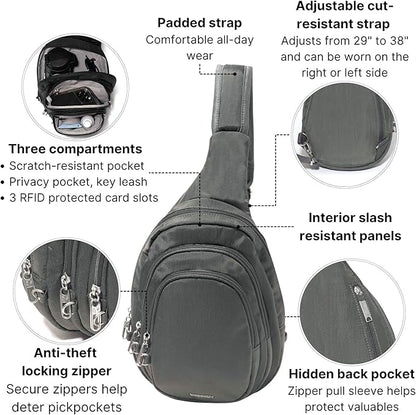 Baggallini Securtex® Anti-Theft Multi Zip Sling - Lightweight 8.6"x15.2" Travel Bag with Locking Zippers & RFID Protection