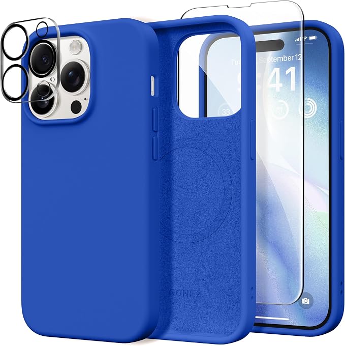 GONEZ for iPhone 14 Pro Case, Compatible with Magsafe, with Screen Protector + Camera Lens Protector, Soft Anti-Scratch Microfiber Lining, Shockproof Liquid Silicone Phone Cover, Klein Blue
