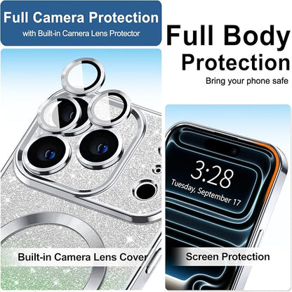 Hython for iPhone 17 Pro Max Case Glitter Clear Magnetic Phone Cases [Compatible with MagSafe] Full Camera Lens Protector Sparkle Luxury Plating Slim Shockproof Protective Cover Women, Gradient Silver