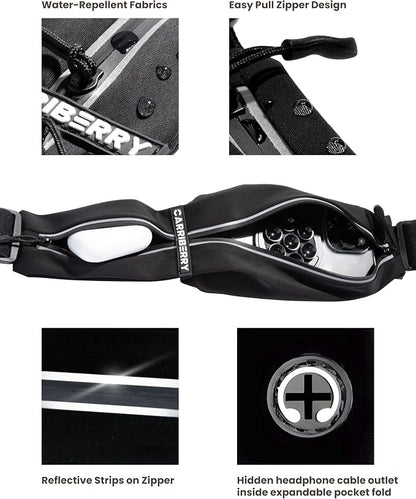 Running Belt - Dual Pocket Running Fanny Pack for Training, Jogging, and Walking, Waterproof, Lightweight, Expandable, Waist Bag, Run Belt, Gels Money Card Cell Phone Holder (Black)