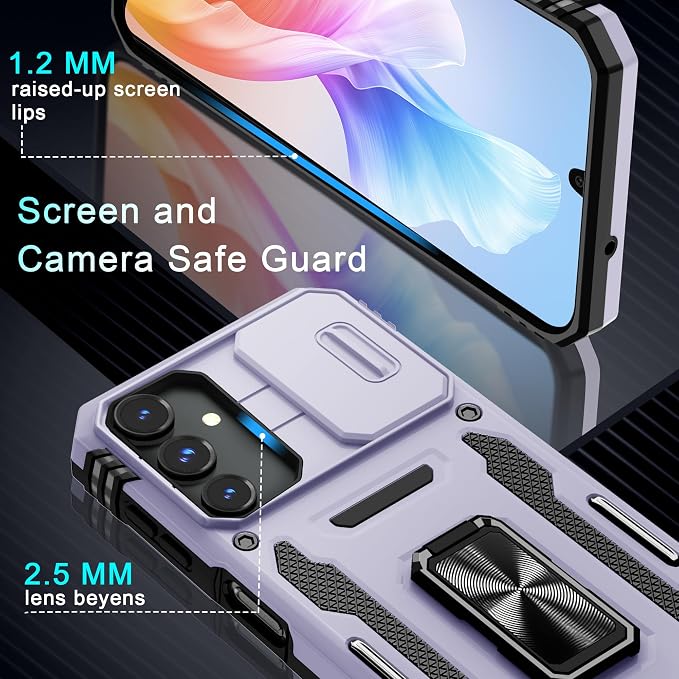 DEERLAMN Case for Samsung Galaxy A15 5G with Slide Camera Cover+Screen Protector (1 Pack), Rotated Ring Kickstand Military Grade Shockproof Protective Cover-Light Purple