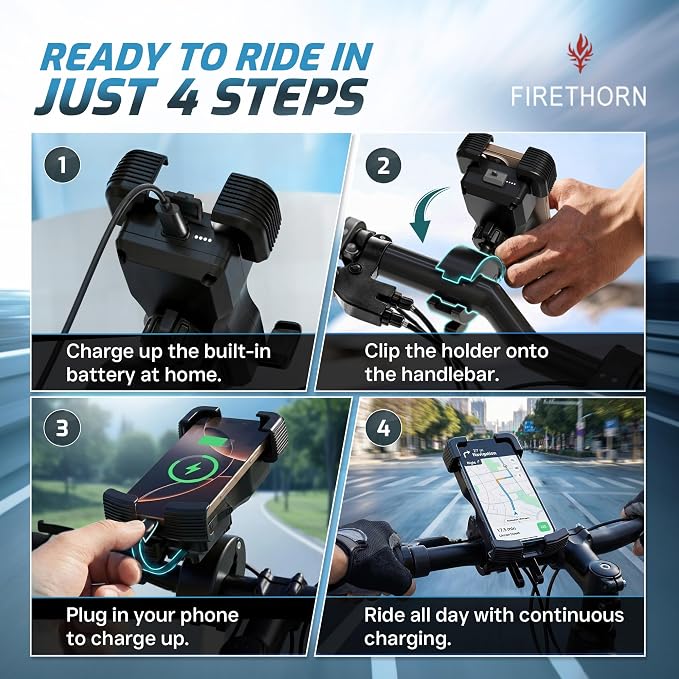 Bike Phone Holder with Built in 5000 mAh Rechargable Battery - Motorcycle Mount, Handlebar Cell Phone Clamp, Scooter Clip for all 4.7 to 6.8" Phone types - iPhone 17, 16, 15 Plus, S20, Smartphones