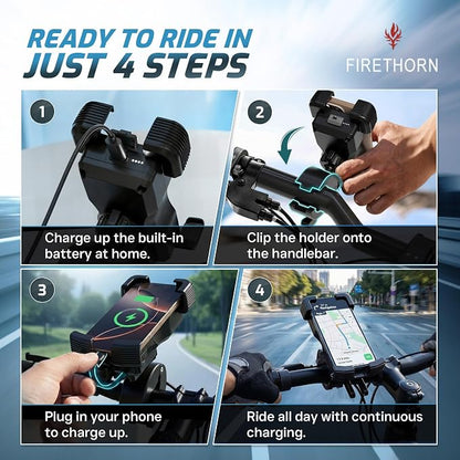 Bike Phone Holder with Built in 5000 mAh Rechargable Battery - Motorcycle Mount, Handlebar Cell Phone Clamp, Scooter Clip for all 4.7 to 6.8" Phone types - iPhone 17, 16, 15 Plus, S20, Smartphones