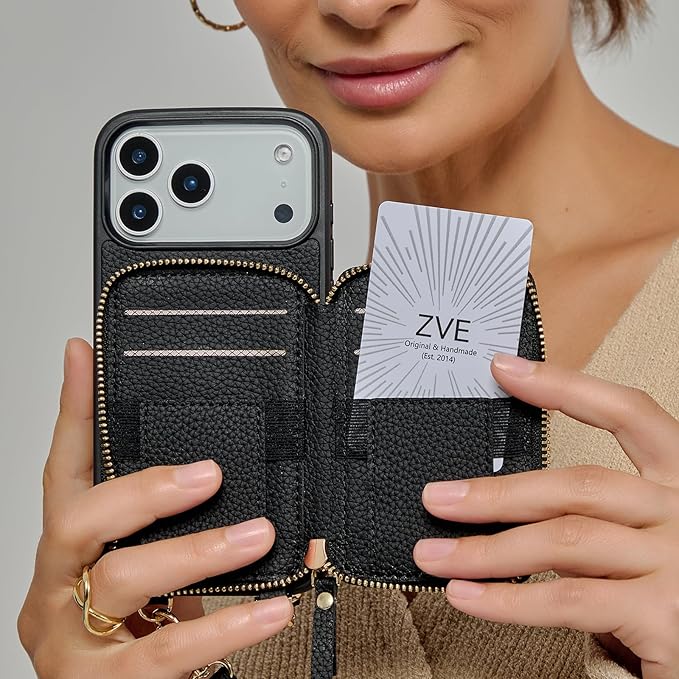 ZVE for iPhone 17 Pro Max Wallet Case Crossbody, Zipper Phone Cover with Wrist Strap RFID Blocking for 6.9" Black