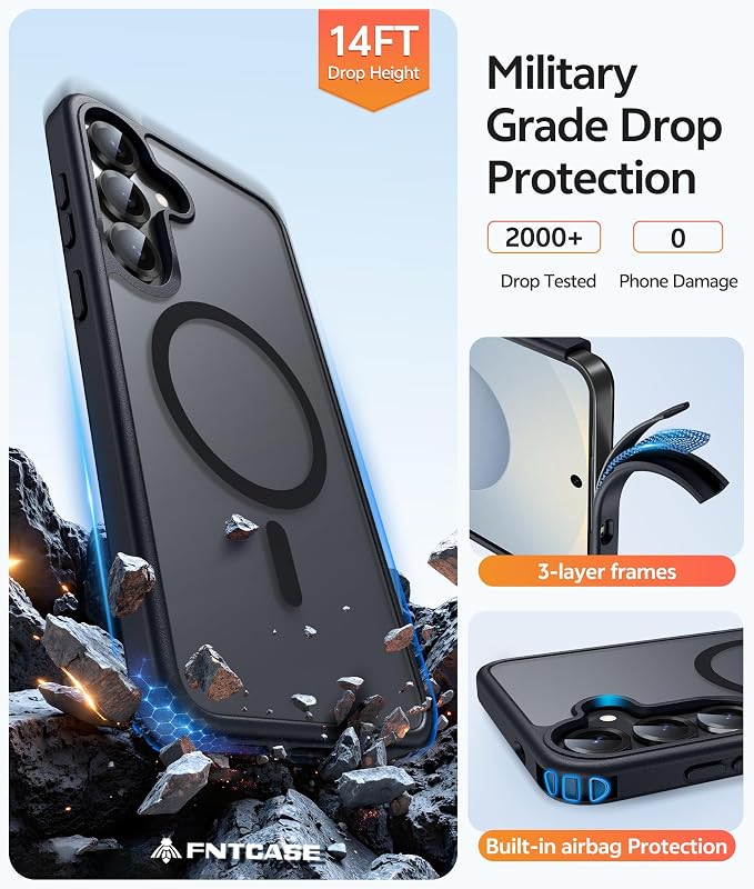 FNTCASE for Samsung Galaxy S25/S24 Plus Case, Fit Magsafe, Screen Protector | Translucent Matte Magnetic Back, 14FT Military Grade Drop Protection, Shockproof Protective Phone Cover, Black