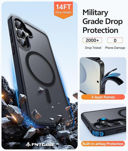 FNTCASE for Samsung Galaxy S25/S24 Plus Case, Fit Magsafe, Screen Protector | Translucent Matte Magnetic Back, 14FT Military Grade Drop Protection, Shockproof Protective Phone Cover, Black
