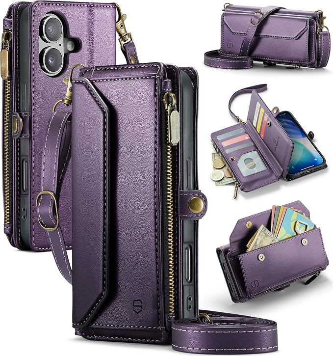 Strapurs Wallet Case Compatible with iPhone 17 6.3" RFID Blocking 9-Card Holder Soft PU Leather Magnetic Snap Shoulder Strap Zipper Pocket Phone Case Fit for iPhone 17 for Women - Purple