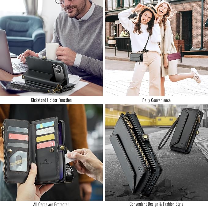 Strapurs Wallet Case Compatible with iPhone 17 Pro Max 6.9" RFID Blocking 10-Card Holder Soft PU Leather Magnetic Snap Shoulder Strap Zipper Pocket Phone Case Fit for iPhone 17 Pro Max - Black