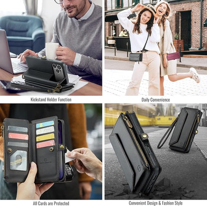 Strapurs Wallet Case Compatible with iPhone 17 Pro Max 6.9" RFID Blocking 10-Card Holder Soft PU Leather Magnetic Snap Shoulder Strap Zipper Pocket Phone Case Fit for iPhone 17 Pro Max - Black