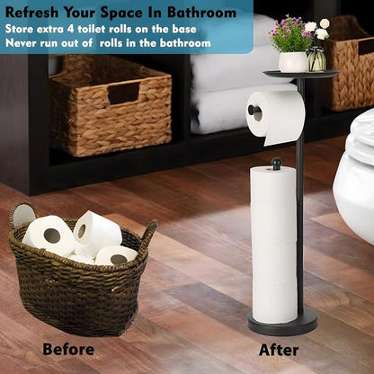 Noonext Black Toilet Paper Holder With Shelf, Freestanding Toilet Paper Holder Stand With Tray At The Top, Heavy Base No Tipping Over (Stainless Steel, Black)